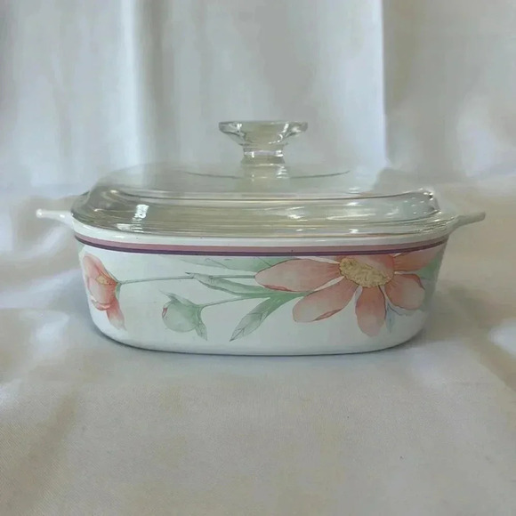 Vintage CorningWare "Peony Floral" A-1-B 2 Liter Casserole Dish w/ Pyrex Lid A9C - Picture 3 of 12